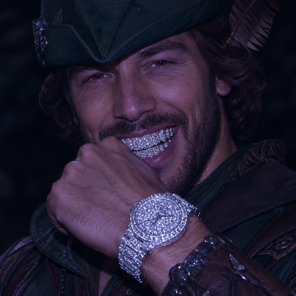 HOODRICH — Robin Hood with diamond grillz and an iced-out watch